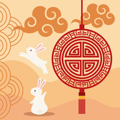 Sticker - chinese moon festival rabbits with decoration