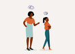 Angry Black Mother Nagging Her Teenage Daughter. Rebellious Teenage Girl With Arms Crossed Walking Away And Feeling Annoyed. Full Length. Flat Design Style, Character, Cartoon.