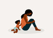 © simplehappyart - Black Mother With Postpartum Depression Sitting On Floor Neglecting Her Baby Girl Who Is Trying To Reach To Her. Full Length. Flat Design Style, Character, Cartoon.