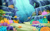 Fototapeta Do akwarium - Undersea ocean world illustration. Underwater life with fishes and coral reefs on a blue sea background