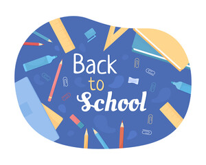 Shopping supplies for school 2D vector isolated illustration. Back to school flat cartoon banner with text. Colourful editable design for mobile, website. Neucha, Oleo Script Swash Caps fonts used