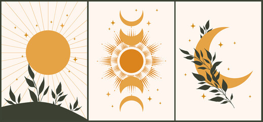 Wall Mural - set of esoteric alchemy mystical magic posters. crescent, sun, stars, floral elements, sacred geomet