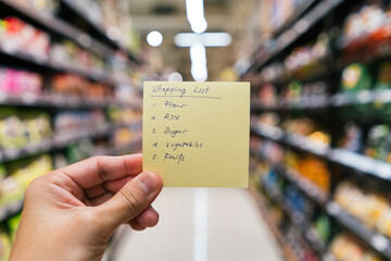 Hand holding a yellow note with hand writing shopping list in blur supermarket aisle background