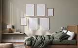 Gallery wall mockup in bright bedroom interior background with rattan wooden furniture, 3d render