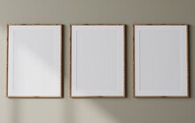 Frame Mockup, Three Posters On Green Wall Interior Background, Minimal Design, 3d Render