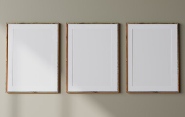 Wall Mural - Frame mockup, three posters on green wall interior background, minimal design, 3d render