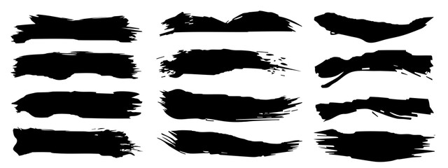 Wall Mural - Vector collection of artistic grungy black paint hand made creative brush stroke set isolated on banner background. A group of abstract grunge sketches for design education or graphic art decoration