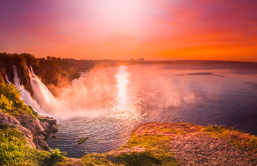 Lower Duden waterfalls on Mediterranean sea coast, Antalya, Turkey, in sunset light