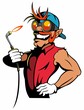 Cartoon style man character, car mechanic with the baseball cap and vintage safety glasses, holding the gas welding torch.