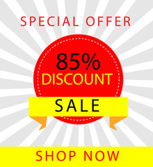 Sale special offer 85% off sign, 85 percent Discount sale minimal banner vector illustration