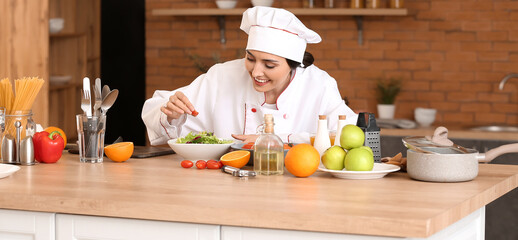 Sticker - Female chef preparing tasty vegetable salad in kitchen