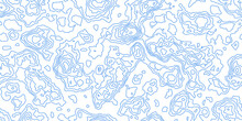 Topography White Map Seamless Pattern With Blue Solid Lines. Abstract Topographic Curves. Repeat Geometric Background. Outline Topology Land Or Underwater Relief Texture. Vector Illustration.