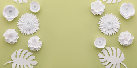 Wall Mural - Composition with beautiful paper flowers and leaves on color background with space for text