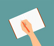 © Alrika  - A hand writing with a pen in a notebook on a blue background. Vector illustration in flat style