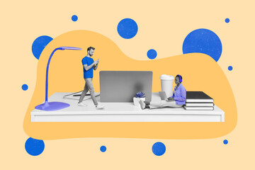 Composite collage illustration of two small business people working huge desktop isolated on creative background