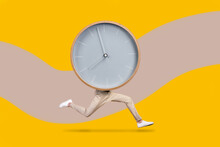 Creative Abstract Template Graphics Image Of Funny Funky Guy Clock Instead Of Body Isolated Orange Beige Drawing Background
