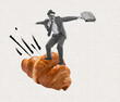 © master1305 - Contemporary art collage. Stylish businessman being in a hurry, sliding on croissant to work
