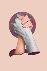 creative vertical collage illustration of two people arms holding girl guy black white colors isolat