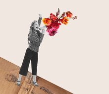 Contemporary Art Collage. Young Shouting In Megaphone With Flowers Appearing. Storytelling