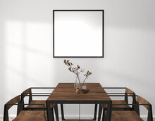 Mock Up Frames On The Wall In Modern White Dining Room With Wooden Table And Flower, 3D Rendering, 3D Illustration