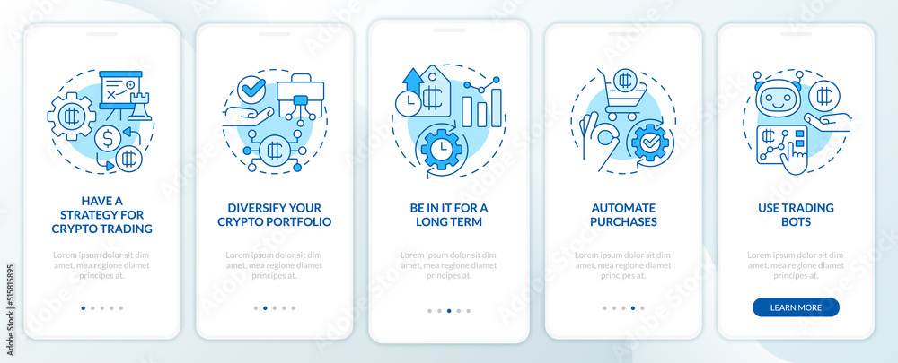 Cryptocurrency tips blue onboarding mobile app screen. Making money ...