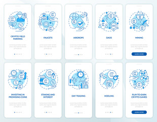 Making money on crypto blue onboarding mobile app screen set. Walkthrough 5 steps editable graphic instructions with linear concepts. UI, UX, GUI template. Myriad Pro-Bold, Regular fonts used