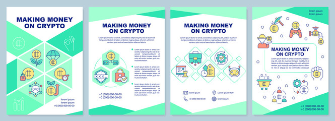 Making money on crypto green brochure template. Blockchain. Leaflet design with linear icons. Editable 4 vector layouts for presentation, annual reports. Arial-Black, Myriad Pro-Regular fonts used