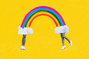 Wall Mural - Composite collage image of two girl legs black white black gamma connected huge rainbow isolated on yellow creative background