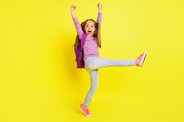 Full length photo of shocked positive school kid fists up enjoy shopping bargain market isolated shine color background