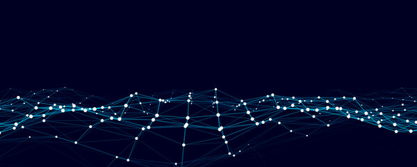 Futuristic moving wave. Digital background with moving glowing particles and lines. Big data visualization. Vector illustration.