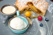 Apple Strudel With Honey And Ice Cream And Fresh Berries