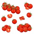Set of cherry tomatoes for banners, flyers, posters, and social media. Whole, half, quarter cherry tomato. Fresh organic and healthy vegetables. Vector illustration isolated on white background.