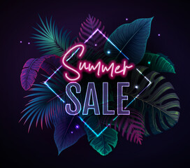 Wall Mural - Summer big sale typography poster with fluorescent tropic leaves. Nature concept. Summer background. Vector illustration