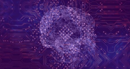 Animation of digital brain over computer circuit board on purple background