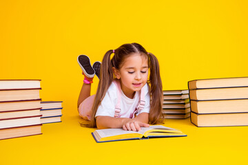 photo of adorable busy preschool lady dressed pink clothes reading fairytale isolated yellow color b