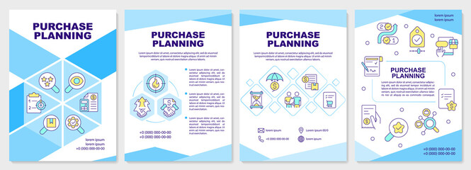 Purchase planning blue brochure template. Inventory management. Leaflet design with linear icons. Editable 4 vector layouts for presentation, annual reports. Arial-Black, Myriad Pro-Regular fonts used