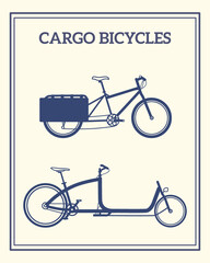 Vector card with two types of cargo bicycles. Flat style, bike icon set. Beautiful retro transport poster