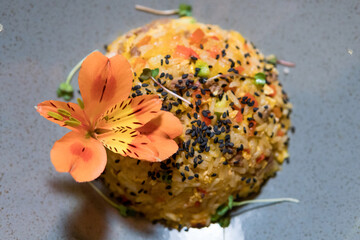 Japanese rice with egg, meat and shrimp