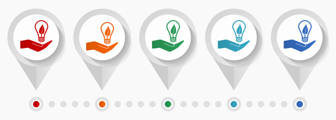 Fototapete - Light, idea, hand with bulb concept vector icons, editable infographic template, set of colorful flat design pointers