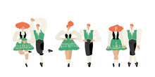 Set Of Vector Illustrations Of Young People Dancing Irish Dances In Traditional Dress.
