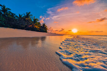 Fantastic Closeup View Of Calm Sea Water Waves With Orange Sunrise Sunset Sunlight. Tropical Island Beach Landscape, Exotic Shore Coast. Summer Vacation, Holiday Amazing Nature Scenic. Relax Paradise
