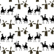 Knight-errant Don Quixote with his servant, Sancho Panza and windmills. Black and white. Seamless background pattern