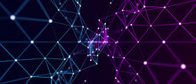 Double Plexus Of Lines And Dots. Connected Particles And Lines Of Two Colours. Network Geometry Background. 3d Rendering