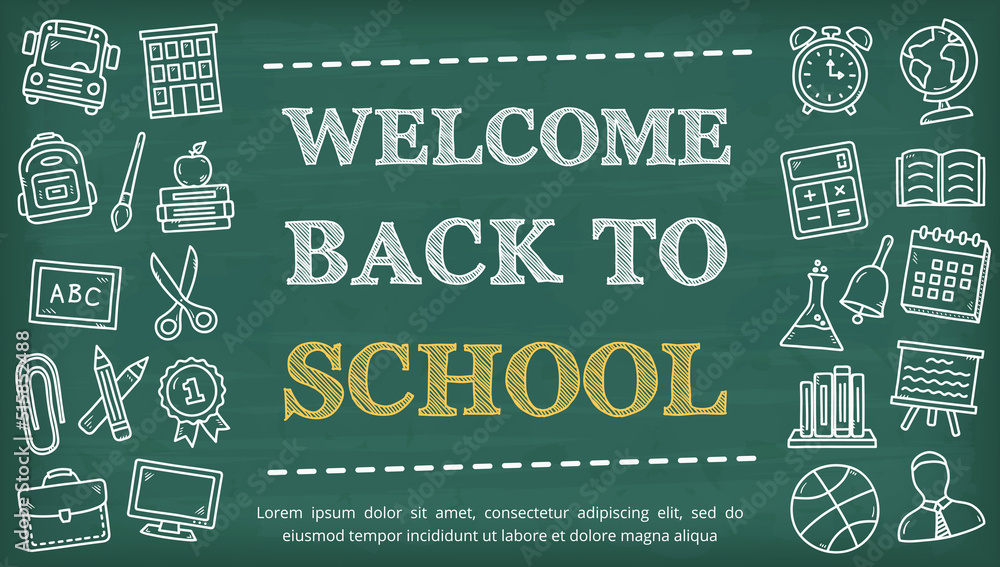 Welcome back to school background with hand drawn icons on chalkboard ...