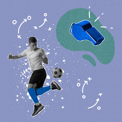 Wall Mural - Contemporary art collage. Professional male soccer football player in motion over light background with drawings. Sport, achievements, media, betting, news, ad