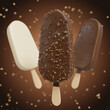 © tongpanyaluk - set of vanilla ice cream stick bar covered with chocolate and crunchy almonds isolated on white background .3D Render Illustration.