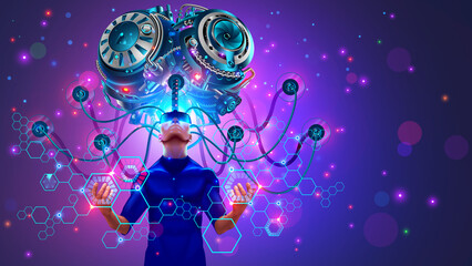 Leinwandbilder - Big Artificial brain or Supercomputer with AI via wires connected with human brain. Deep learning of neural networks, artificial intelligence concept. Sci-fi illustration of tech genius or super human