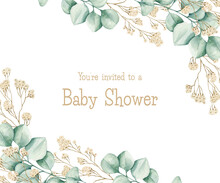 Watercolor Illustration Card Baby Shower With Eucalyptus White Flowers Frame. Isolated On White Background. Hand Drawn Clipart. Perfect For Card, Postcard, Tags, Invitation, Printing, Wrapping.