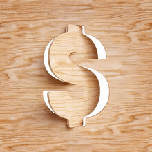 Wooden Cut Out And Rotated Dollar Symbol. Design Suitable For Rustic, Natural, Ecological Or Sustainability Concepts. High Quality 3D Rendering.