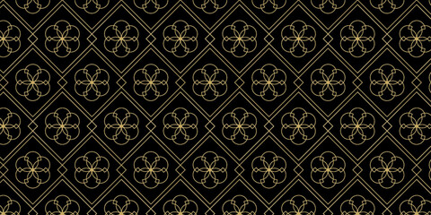 Aufkleber - Background pattern seamless geometric line abstract gold luxury color vector. Black background design. Seamless damask wallpaper.
